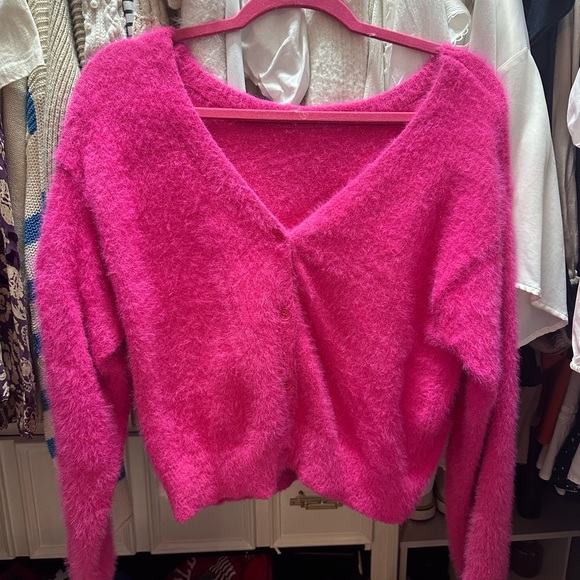 HOT PINK FUZZY CARDIGAN - Picture 2 of 3